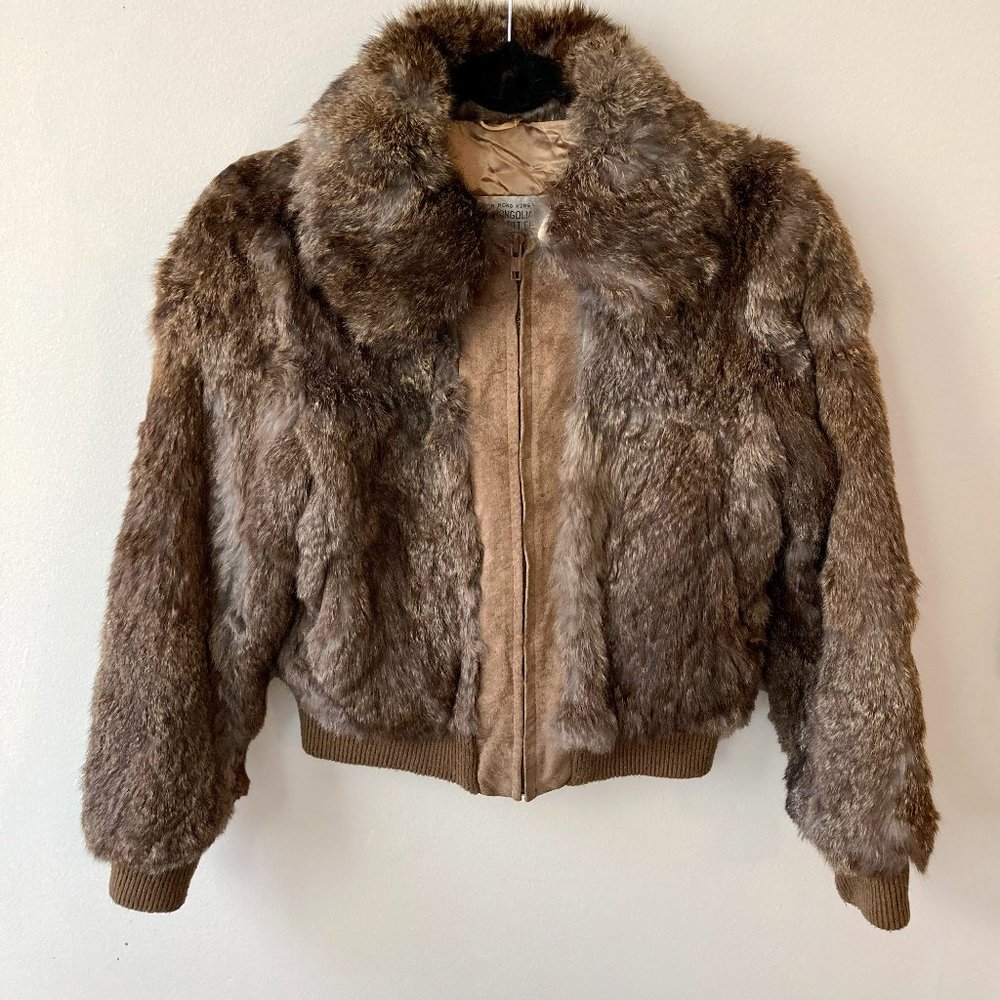 Asian-Mongolian Genuine Rabbit Furs variegated brown coat with leather, size S